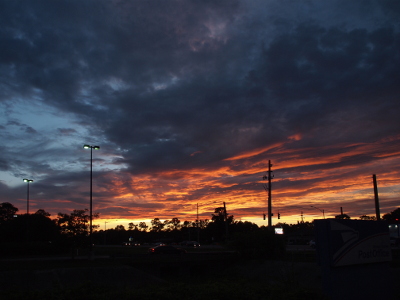[The section of the sky where the sun has a ceiling of clouds above the horizon such that there is a section of blue between the land and the clouds above. The undersides of the clouds are painted a vivid orange while the clouds above it are a dark grey-blue. Light poles looking near-black are a tall striking contrast to the color in the sky.]